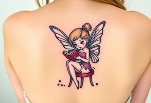 Fairy, reading a book, in a library, sitting in a chair tattoo idea