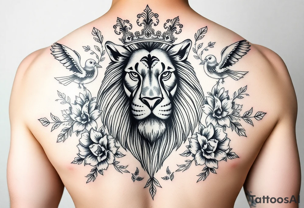 powerful majestic lion with a crown, surrounded by floral ornaments and birds tattoo idea