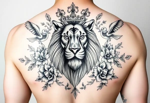 powerful majestic lion with a crown, surrounded by floral ornaments and birds tattoo idea