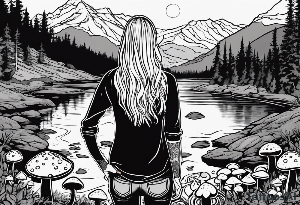Whole picture encircled fully

Straight long blonde hair hippie girl in distance holding mushrooms in hand facing away toward mountains and creek surrounded by mushrooms long sleeve shirt and hiking pants; whole rendering within a full celtic circle, no cut off circle tattoo idea