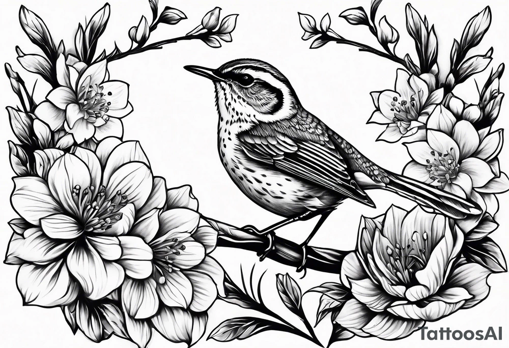 Create a delicate tattoo of a wren nestled among blossoms, highlighting its small size and charming features tattoo idea