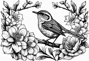 Create a delicate tattoo of a wren nestled among blossoms, highlighting its small size and charming features tattoo idea