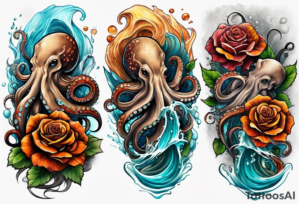 Left thigh tattoo with an octopus in water swirls wrapping around rocks, a rose, in fall colors tattoo idea