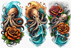 Left thigh tattoo with an octopus in water swirls wrapping around rocks, a rose, in fall colors tattoo idea