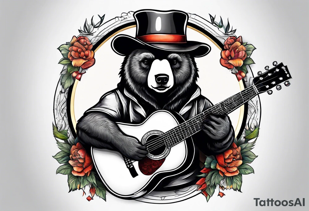BEAR WITH HAT PLAYING GUITAR tattoo idea