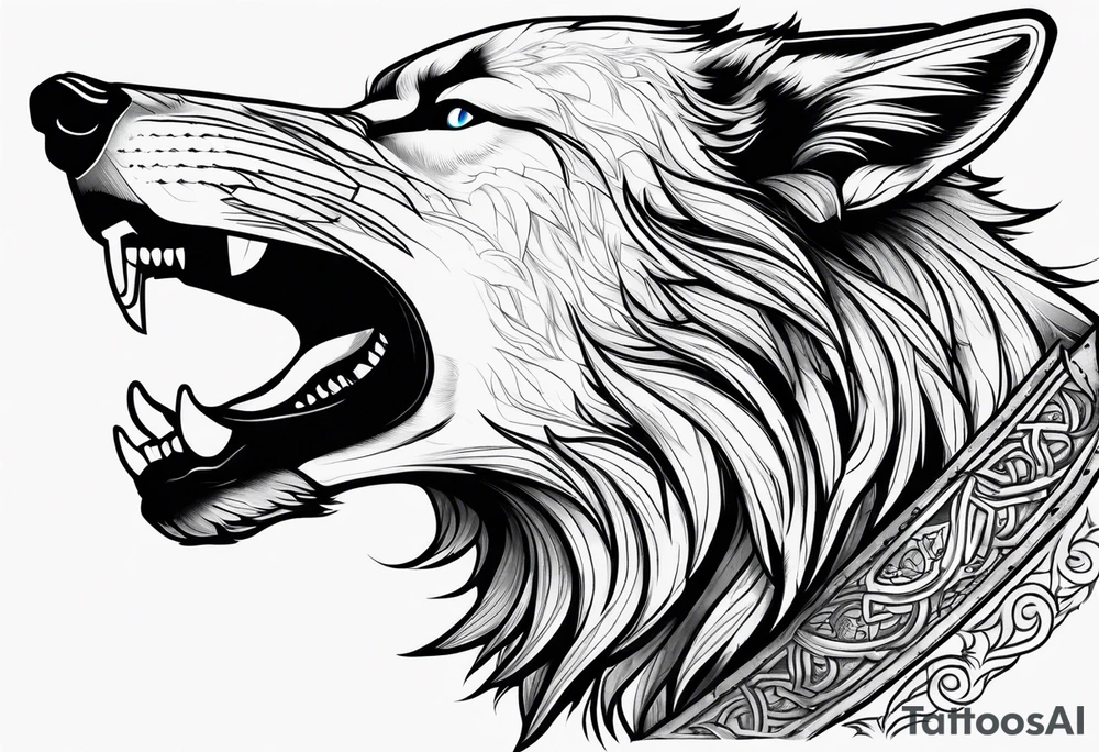 realistic style fenrir wolf in profile, include in it's forehead a diamon shape of hair (and some kind of armor) tattoo idea