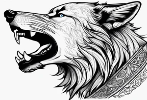 realistic style fenrir wolf in profile, include in it's forehead a diamon shape of hair (and some kind of armor) tattoo idea