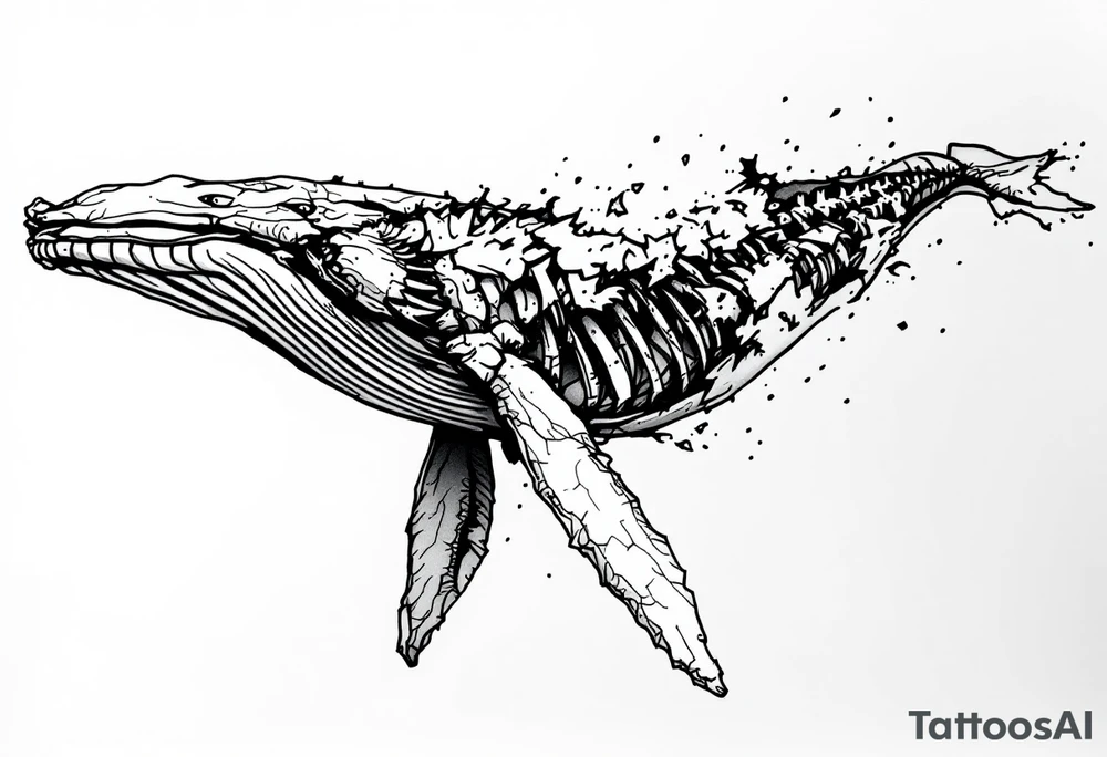 idea is basically a whale that's damaged and torn exposing the skeletal innerts, but it's still fiercely moving forward as hard as it can. on the outline of the whale to have the text : "ただただ生きるのは嫌だ。世界は残酷だ それでも君を愛すよ。" tattoo idea
