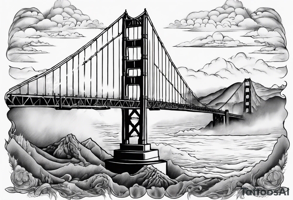 Golden Gate Bridge with fog rolling in with Marin hills in the background tattoo idea