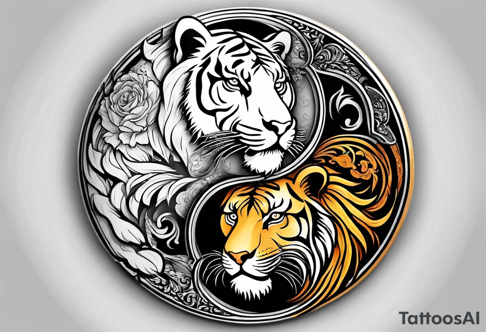 Tiger and lion on a yin yang plate tattoo idea
