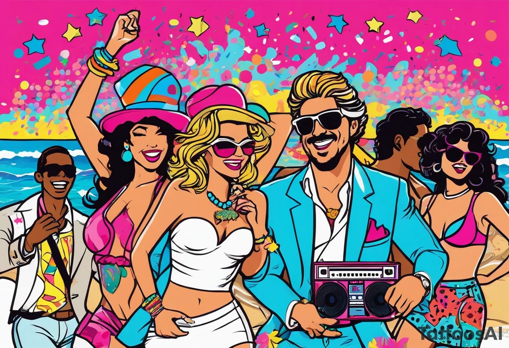 1980's miami vice style beach dance 
party, include confetti, music notes, boom box, bikinis tattoo idea