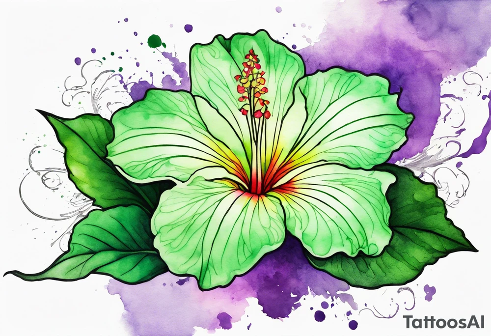 An outline of a green rio dipladenia flower and a green and purple watercolor splash in the background tattoo idea