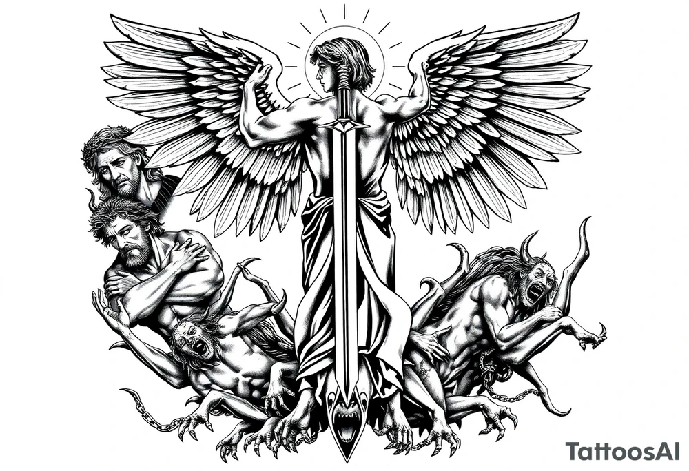 The tattoo is a black and gray, highly detailed, full-back design in a classical artistic style, depicting a powerful Archangel Michael as the central figure. He stands in a dominant stance, wielding a long, intricately designed sword, symbolizing divine justice. His large, majestic wings extend outward, detailed with fine feather textures, creating a sense of movement and grandeur. A radiant halo or divine light emanates from behind his head, reinforcing his celestial presence.

Below Archangel Michael, defeated demons writhe in agony, their faces twisted in expressions of despair as they are cast down. Their muscular, contorted bodies contrast with the angel’s calm, commanding presence. Some demons may have broken chains around them, symbolizing their fall from grace.

To the left of Archangel Michael, Jesus Christ is depicted wearing a crown of thorns, his face solemn and contemplative, representing sacrifice and redemption. His hair flows naturally, and his eyes may be gazing downward with an expression of divine wisdom and sorrow. His placement aligns with Christian iconography, adding to the religious depth of the tattoo.

On the right side, a sorrowful Virgin Mary is depicted with a serene yet deeply emotional expression. She is draped in flowing robes, her hands clasped in prayer or gently outstretched. Her presence balances the composition, representing mercy, compassion, and divine grace.

The background features dramatic, swirling clouds, rays of light, and subtle celestial elements to enhance the spiritual and dramatic atmosphere. The shading technique uses deep contrasts and smooth gradients to create depth, making the figures appear almost sculptural. Every detail, from the folds of the robes to the individual feathers of Michael’s wings, is meticulously rendered for a realistic and timeless aesthetic. tattoo idea