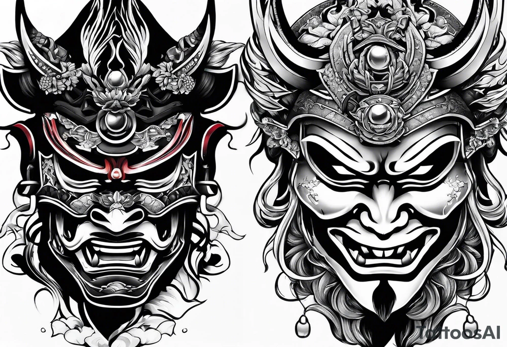 Japanese Samurai two Mask Tattoo Designs laugh and cry tattoo idea