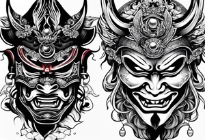 Japanese Samurai two Mask Tattoo Designs laugh and cry tattoo idea