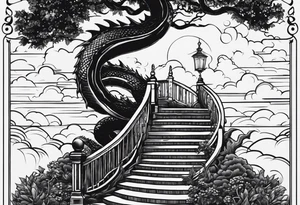in vertical line, a dragon coming up on stairs that are a tree at the top, with the words "One day at a time" and date 4.14.24 tattoo idea