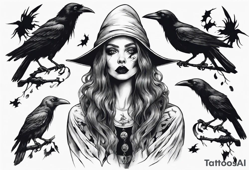 a witch with crows in black and white tattoo idea