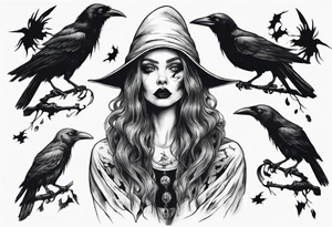 a witch with crows in black and white tattoo idea