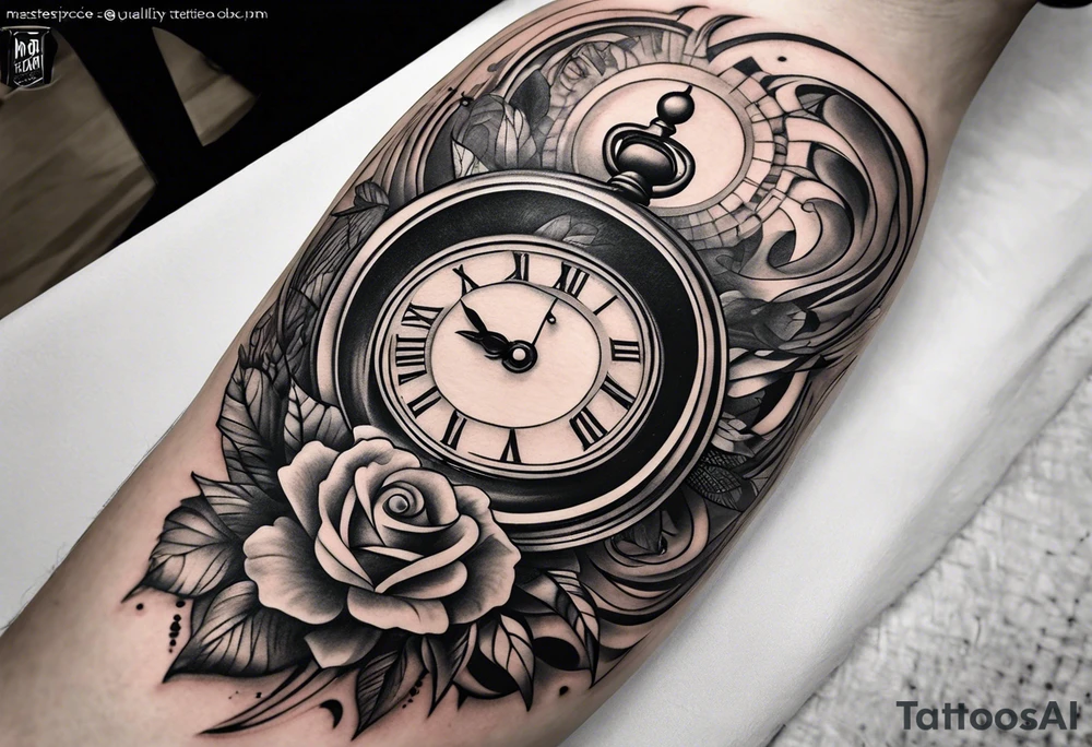 Draw me a tattoo located on the shoulder and upper arm of a man. The tattoo represents a clock in an hourglass with Roman numerals in the background. It is a symbol of the passing of time. tattoo idea