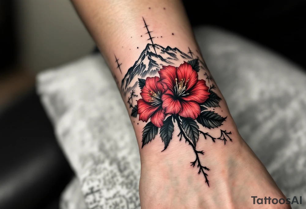 wrap around entire wrist red  and black rhododendron trippy with Himalayas behind tattoo idea