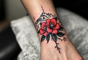 wrap around entire wrist red  and black rhododendron trippy with Himalayas behind tattoo idea