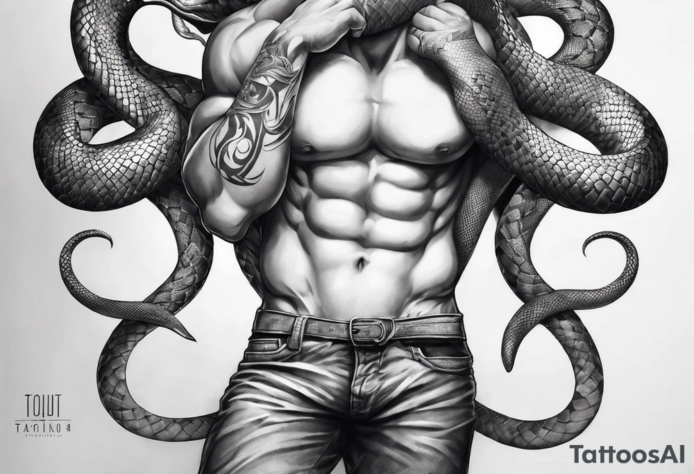 A snake wrapping around the legs of a rough sketch of man with 8 arms and no face in pencil drawing style. The upper part of the snake will come up from the right and look back at the man figure. There will be a black eye above the man looking directly forward. tattoo idea