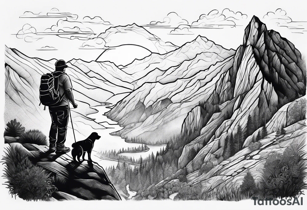 nature, sunset, mountains, a father and son hiking with their dog and cat and a cross tattoo idea