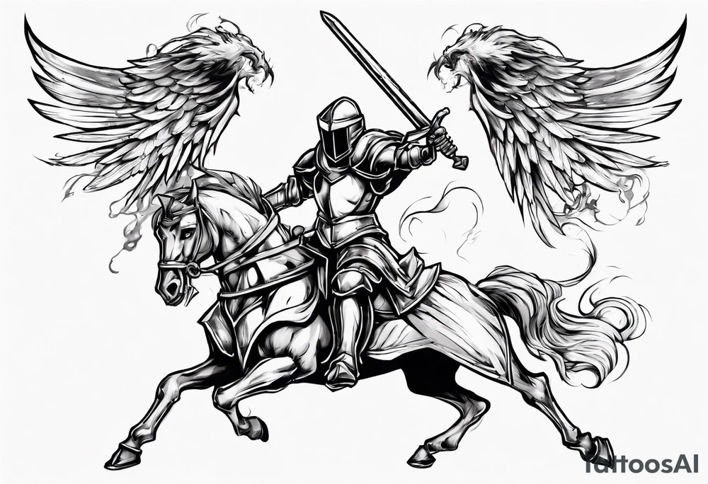 A Winged Paladin Knight in mid-air with his sword about to attack. tattoo idea