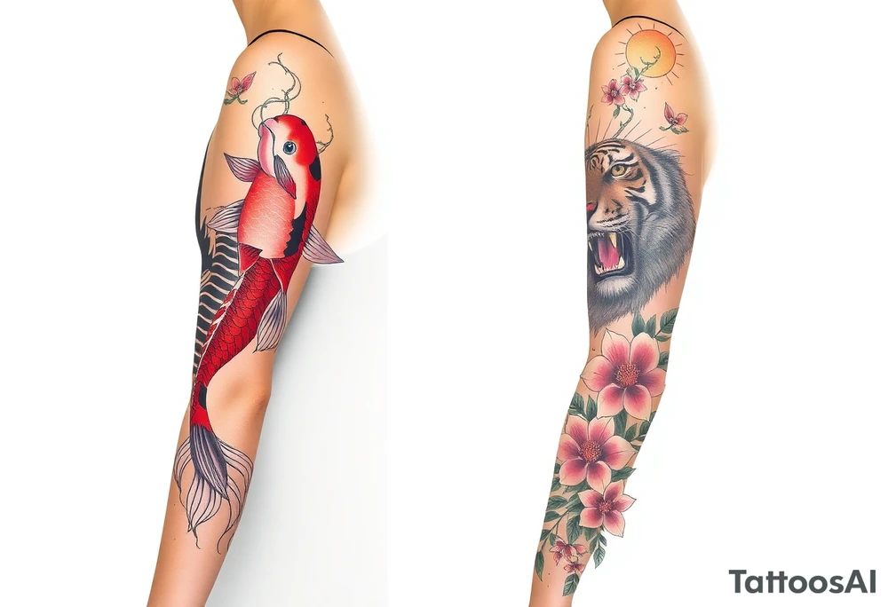 Full arm sleeve, one koi fish, one tiger, the sun, cherry blossom filler, beautiful tattoo idea