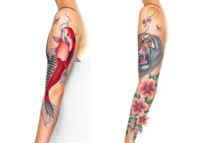 Full arm sleeve, one koi fish, one tiger, the sun, cherry blossom filler, beautiful tattoo idea