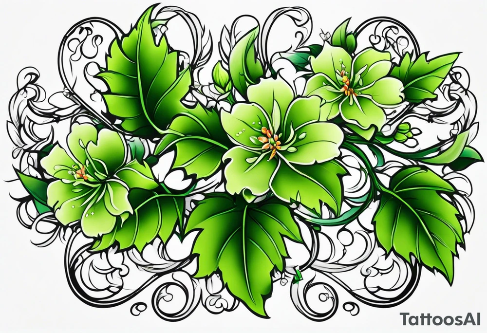 Vines with thick green leaves and muted flowers. Will start above the wrist and wrap around forarm ending at elbow tattoo idea