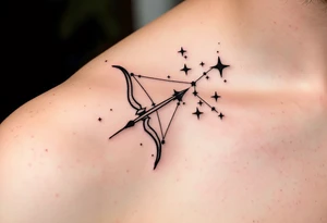 A minimalist black Sagittarius constellation with fine-line stars connected by soft silver threads across the shoulder blade. tattoo idea