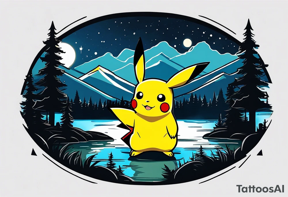 Framed forest scene at night. Pikachu camping near river tattoo idea