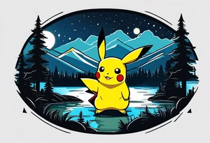 Framed forest scene at night. Pikachu camping near river tattoo idea