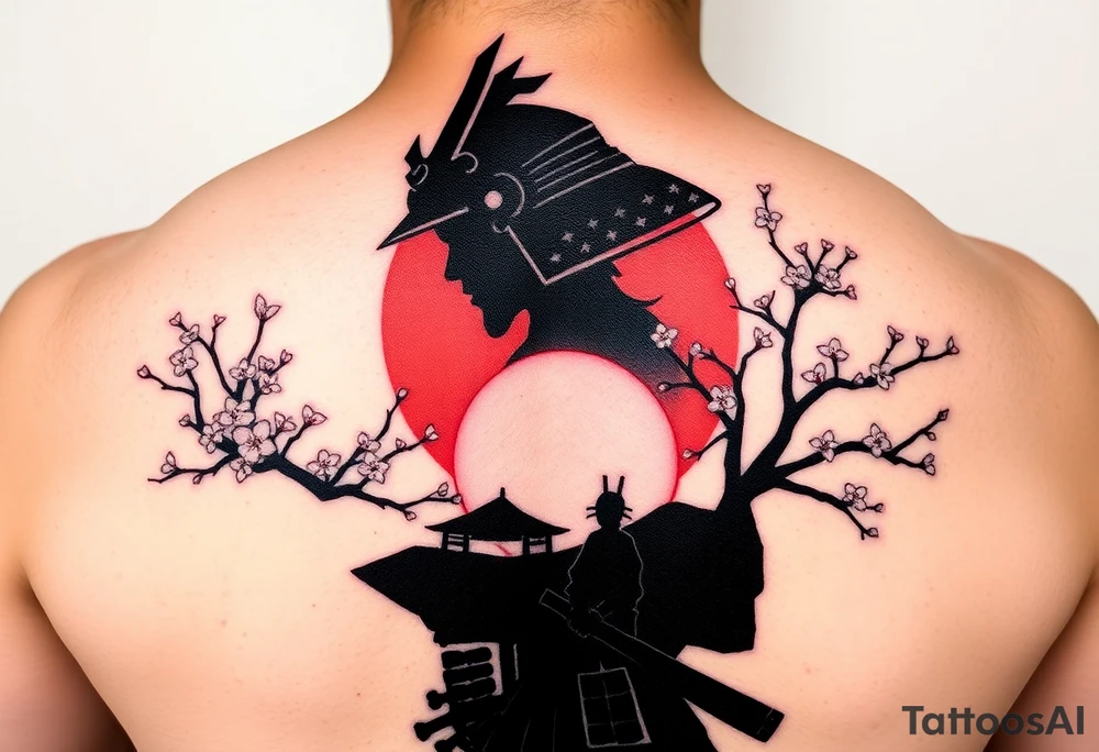 noble samurai warrior silhouette at sunset with cherry blossoms tattoo idea