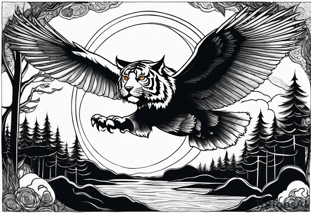 Tiger hunting a flying owl underneath a full moon in a forest tattoo idea