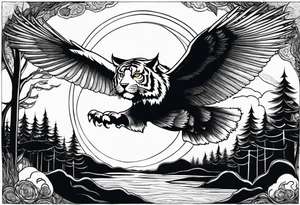 Tiger hunting a flying owl underneath a full moon in a forest tattoo idea