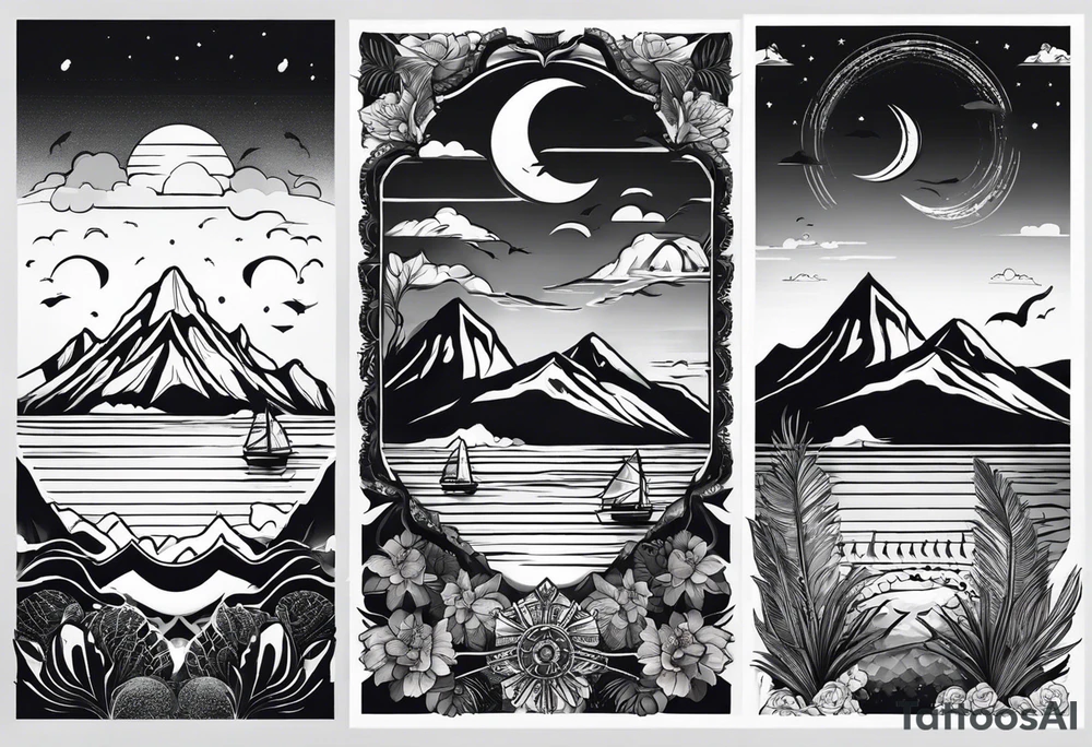 i want two different tattoos next to each other in a matching sytle. one is going to be about a sea/beach at sunset and the second one is mountains with sunrise. All going to be black and white. tattoo idea