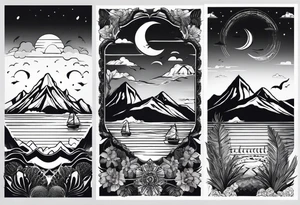 i want two different tattoos next to each other in a matching sytle. one is going to be about a sea/beach at sunset and the second one is mountains with sunrise. All going to be black and white. tattoo idea