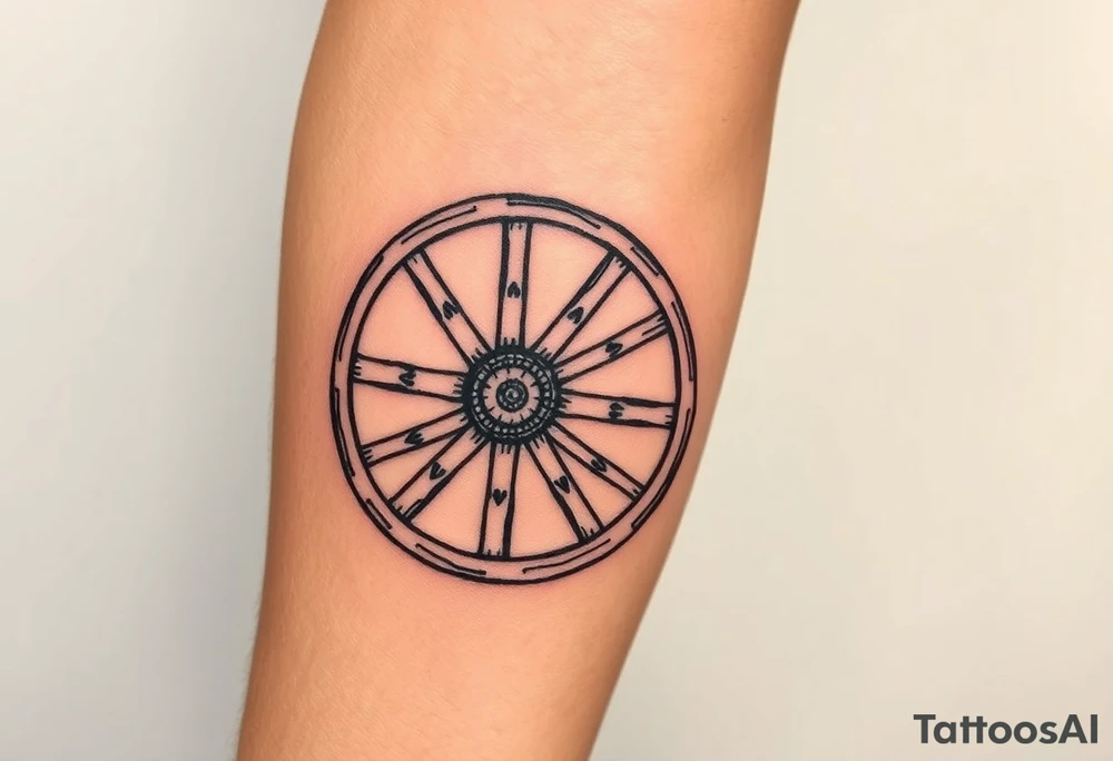 Old wagon wheel with some busted spokes aged and weathered tattoo idea