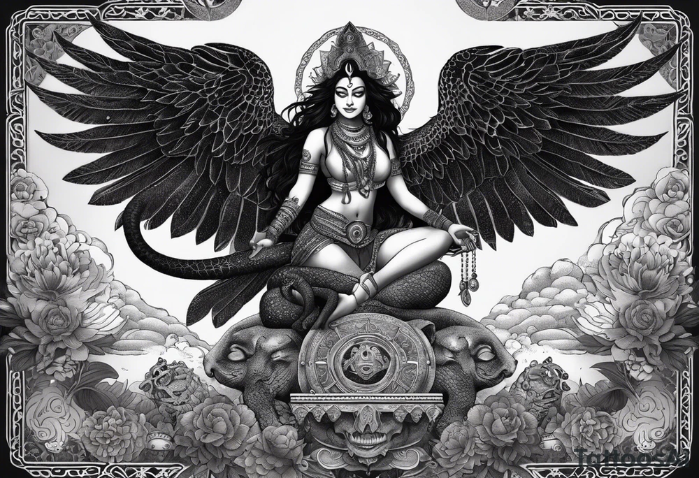 black kali, goddess pirate, alien, angel, pachamama, valkrye, warrior, flying, skull, lotus azul, wing, eagle, zenza resonance, stars, 5D, anahata chakra, death, durga, riding on a tiger, flying lady, kundalini, chest tatoo, samuri, rebel, serpent tattoo idea