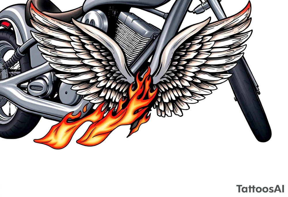 Low rider grey motorcycle, big muffler pipes with flames, angel wings tattoo idea