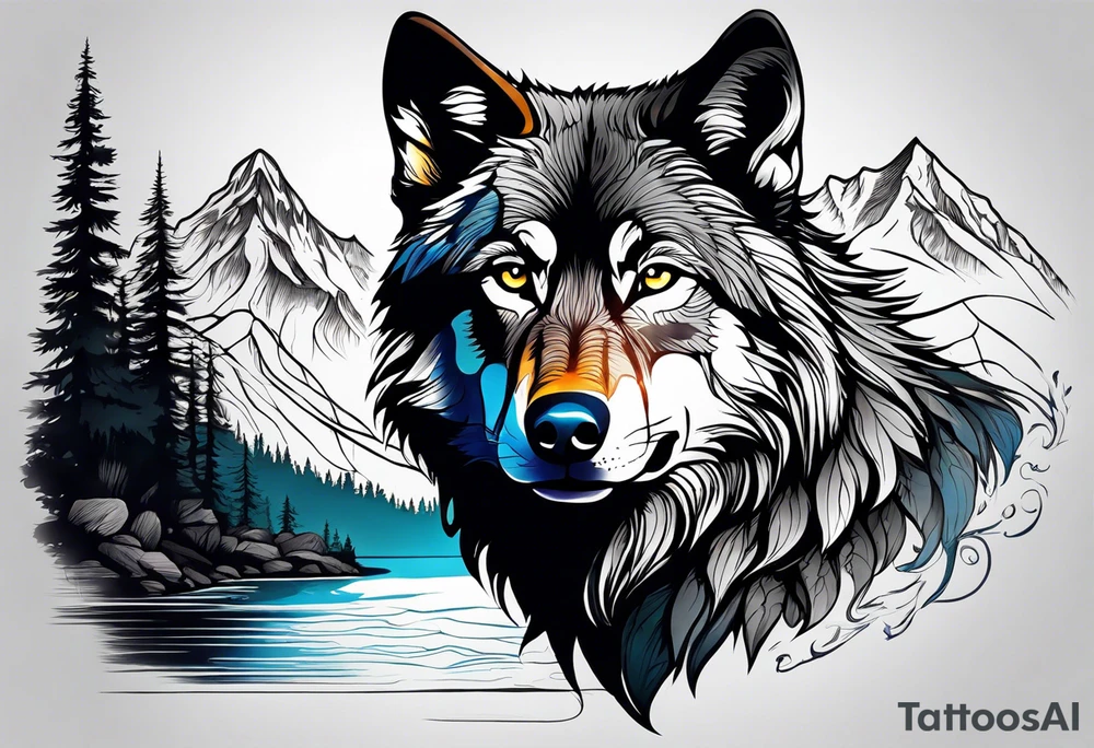 Create a tattoo of a black wolf with mountain/lake tattoo idea