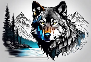 Create a tattoo of a black wolf with mountain/lake tattoo idea
