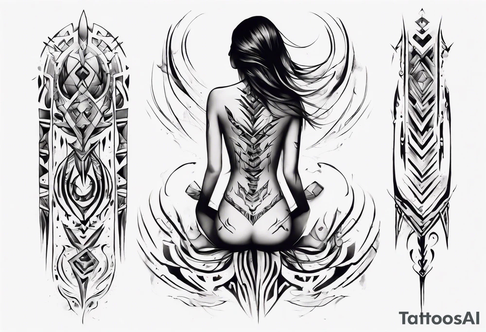 a neotribal spine tattoo that includes a woman floating tattoo idea