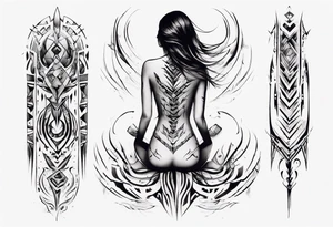 a neotribal spine tattoo that includes a woman floating tattoo idea