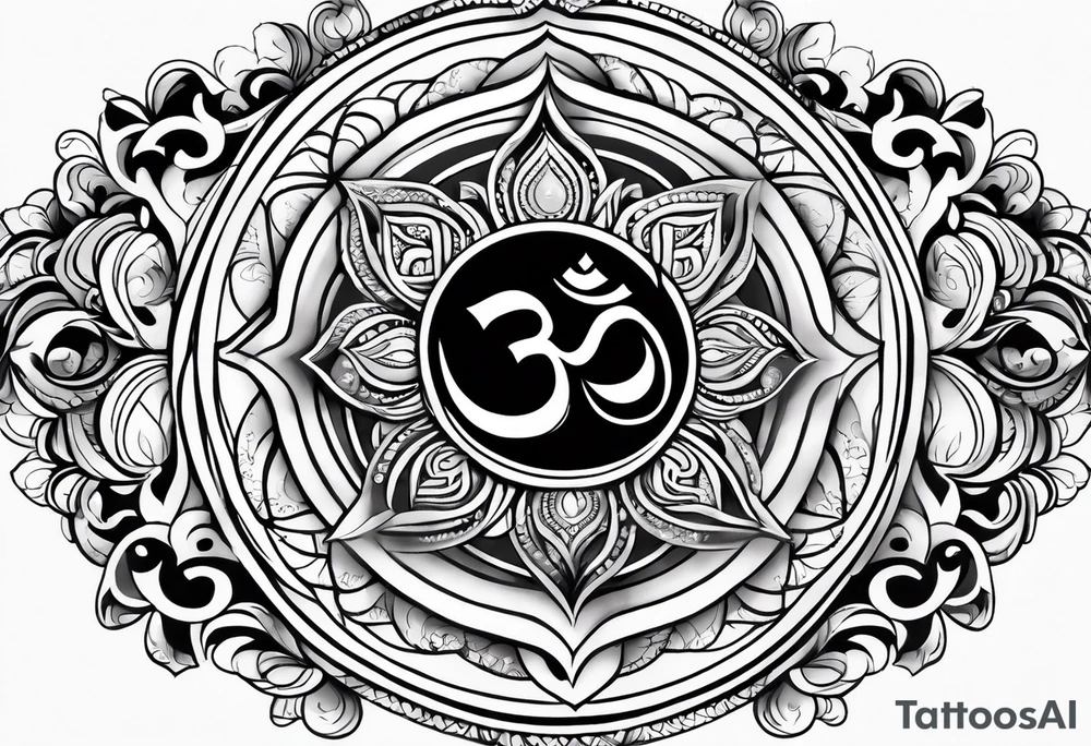 Spiritual forearm sleeve tattoo centred around the Sanskrit Om symbol for breathe tattoo idea
