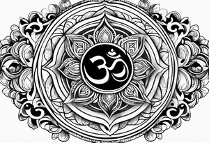 Spiritual forearm sleeve tattoo centred around the Sanskrit Om symbol for breathe tattoo idea