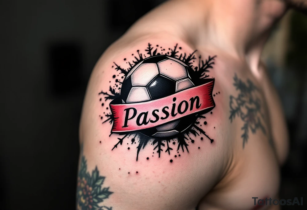A classic black and white soccer ball tattoo wrapped in a red banner with the word “Passion.” tattoo idea