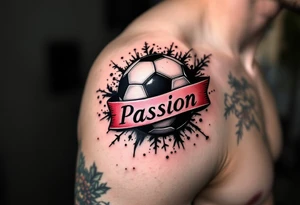 A classic black and white soccer ball tattoo wrapped in a red banner with the word “Passion.” tattoo idea